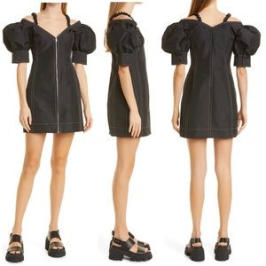 Ganni Black Taffeta V-neck cold/puff shoulder Minidress New Size 14 US/ 44 EU ♻️